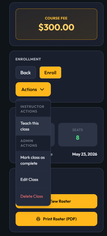 Delete Class option in class actions menu