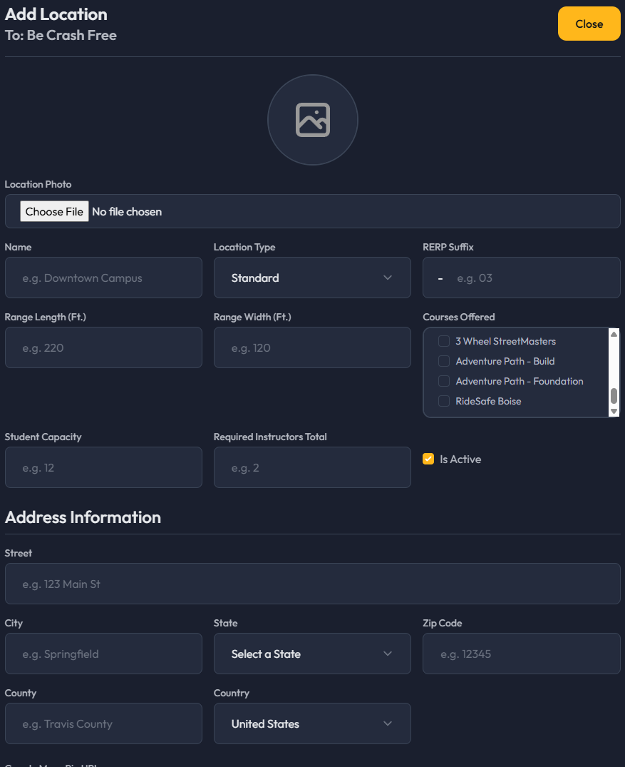 Location form for creating or editing a location