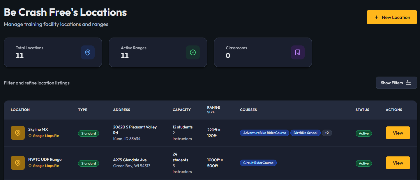 Locations page showing existing locations