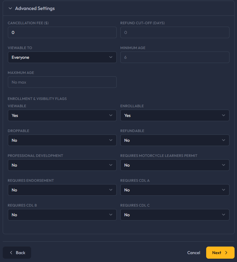 Enrollment and refund settings
