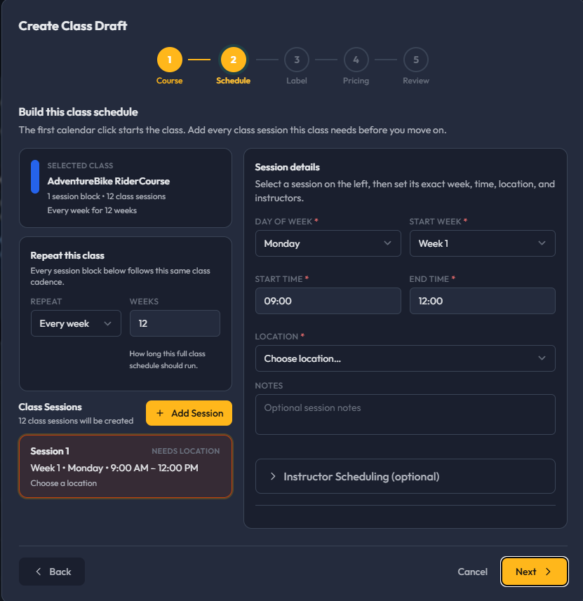 Session and class repition settings