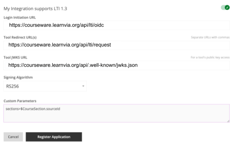 "My Integration supports LTI 1.3" section: Login Initiation URL https://courseware.learnvia.org/api/lti/oidc, Tool Redirect URL(s) https://courseware.learnvia.org/api/lti/request, Tool JWKS URL https://courseware.learnvia.org/api/.well-known/jwks.json, Signing Algorithm RS256, Custom Parameters sections=$CourseSection.sourceId, and a Register Application button.