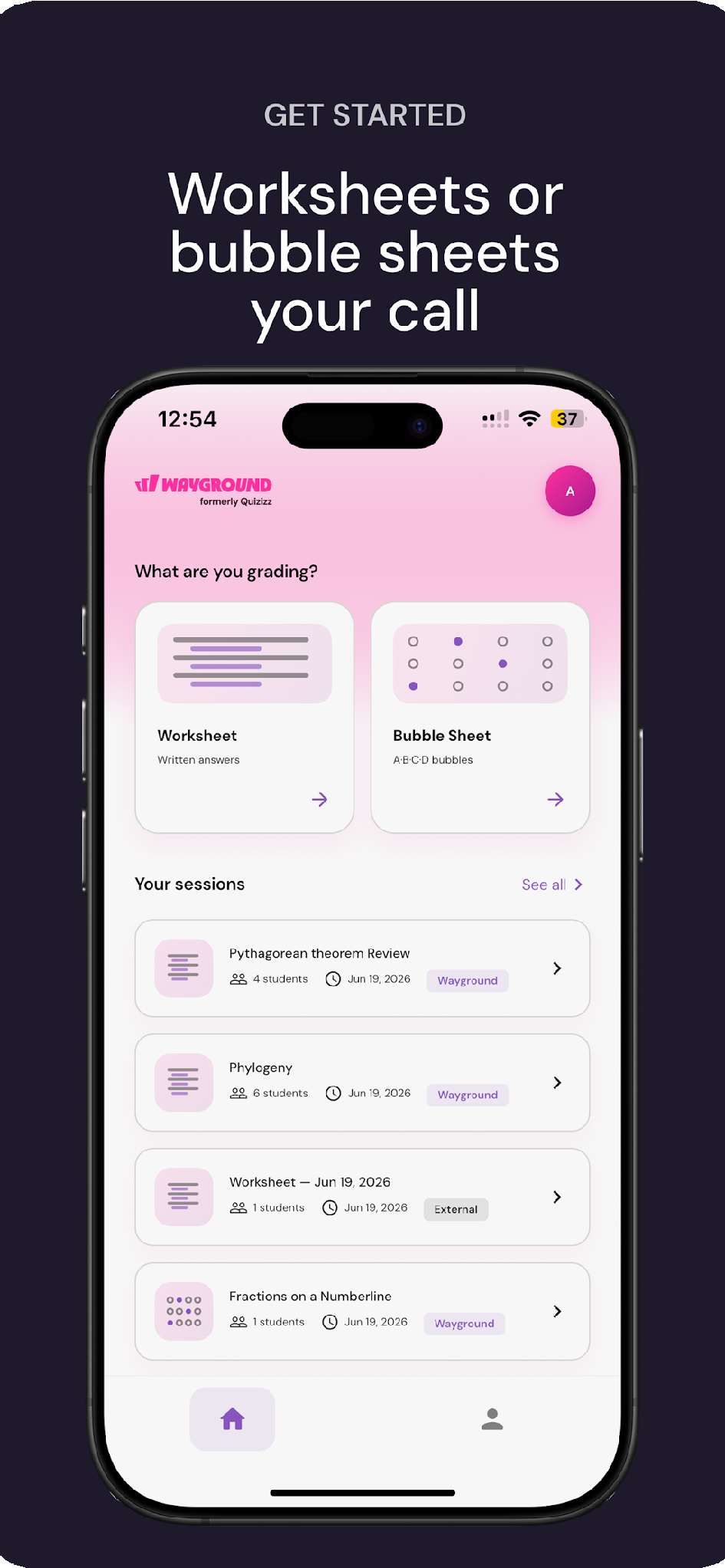 Wayground Teacher home screen showing Worksheet and Bubble Sheet options