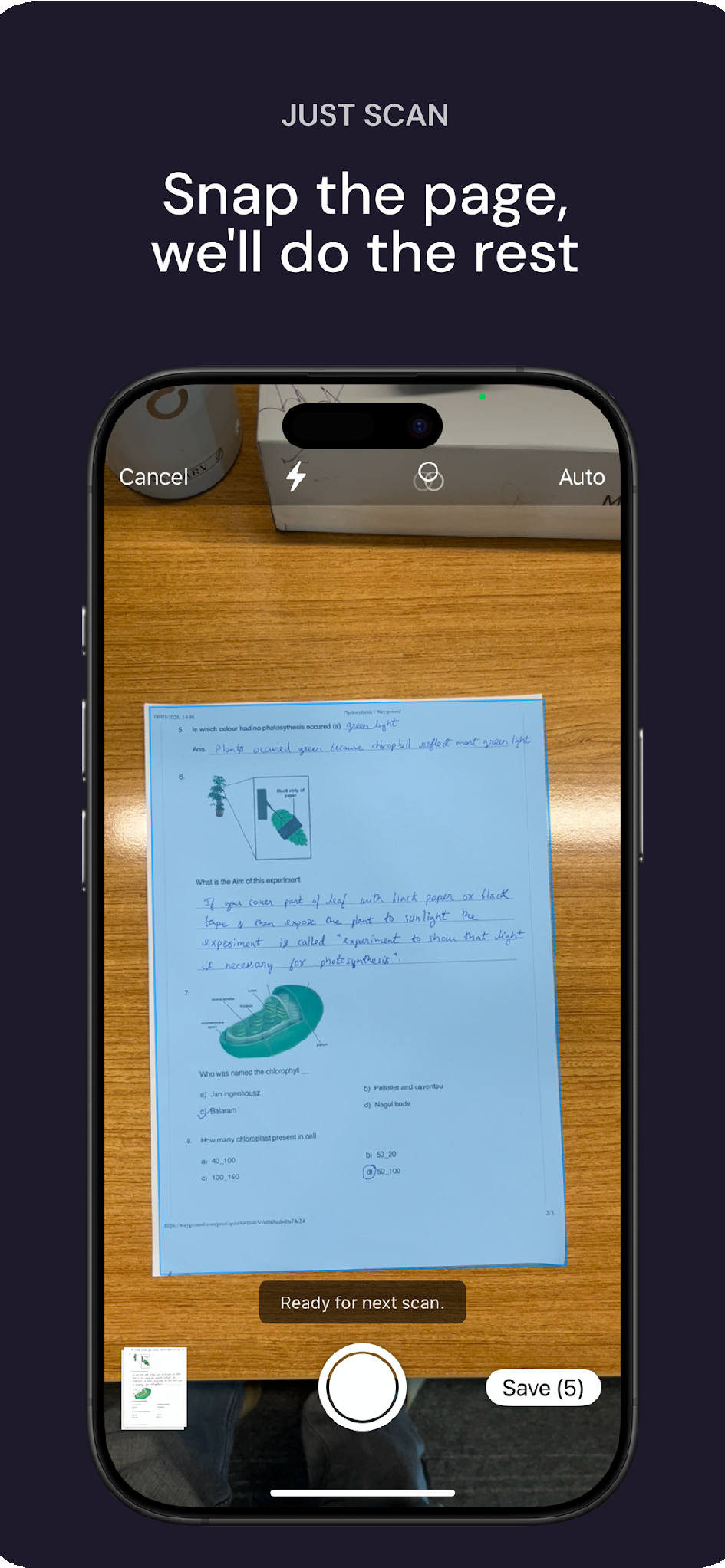 Wayground Teacher camera screen framing a printed worksheet for scanning