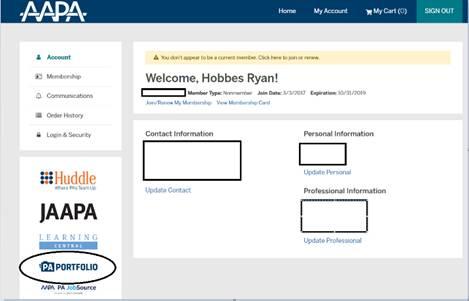AAPA account page showing PA Portfolio in the lower-left navigation