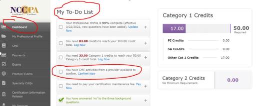 NCCPA To-Do List with Confirm Now option