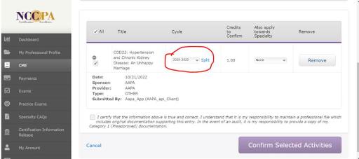 Assign or split credits between cycles