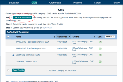 Link NCCPA Account button in PA Portfolio