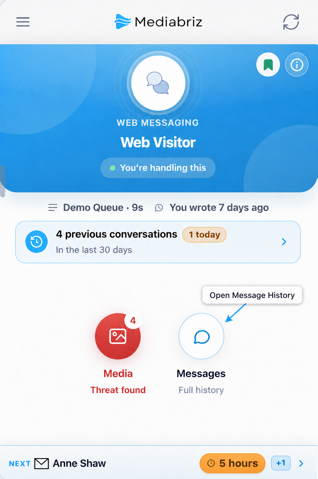 Intro view showing the blue icon used to open Message History