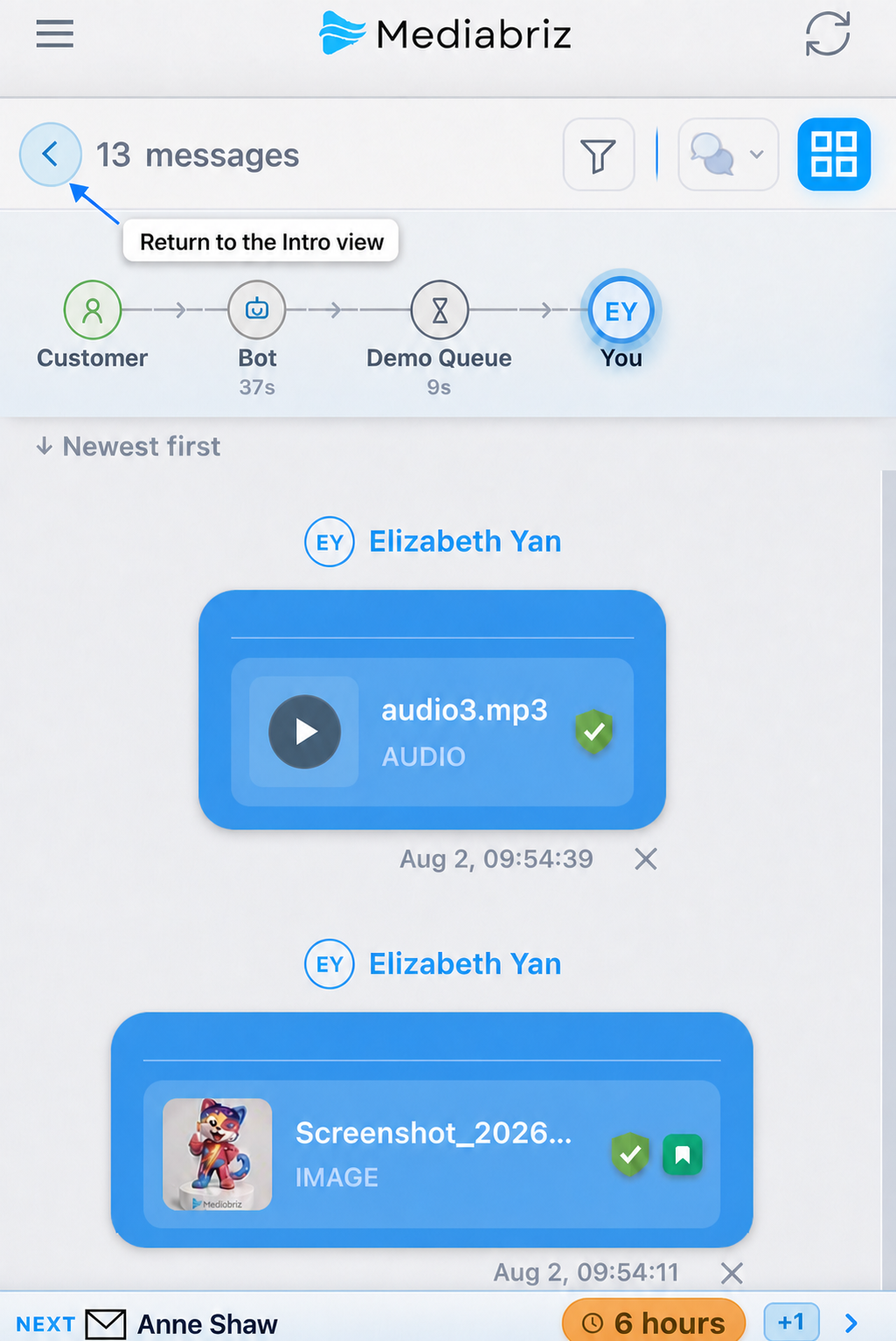 Message History showing the back icon used to return to the Intro view