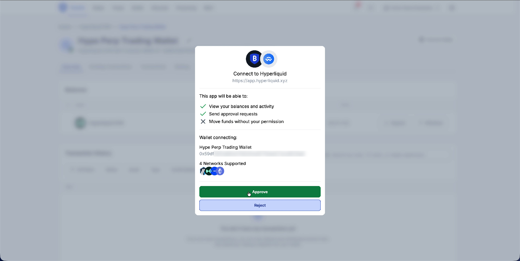 05_approve_connection.png The BitGo approval modal for connecting to Hyperliquid.