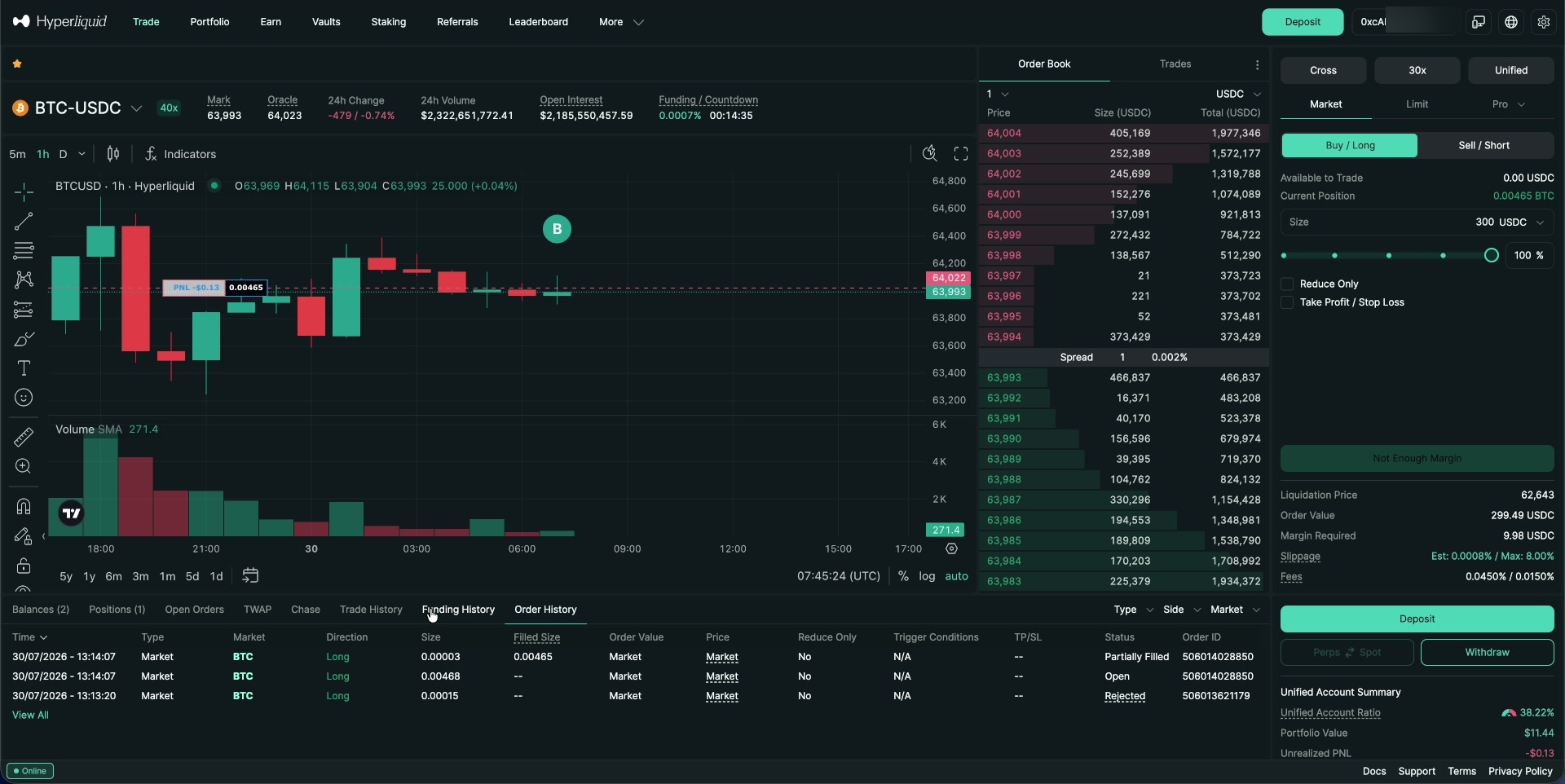 Order history, showing filled, open, and rejected orders.