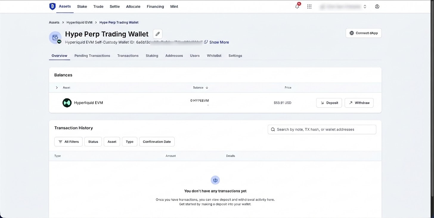03_bitgo_connect_dapp.png The BitGo wallet overview, with Connect dApp available in the top right.