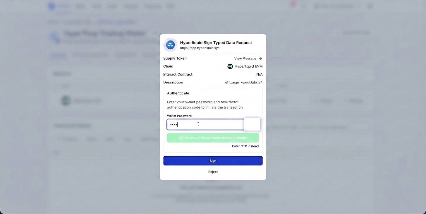 07_enable_gasfree.png Signing to enable gas-free, instantaneous trading on Hyperliquid.