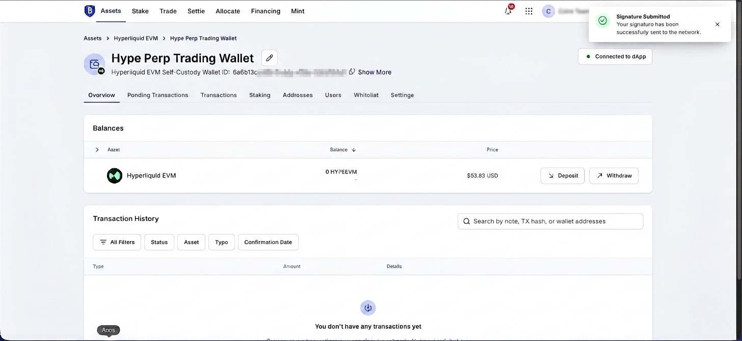08_first_connected_success.png BitGo confirms the wallet is connected to Hyperliquid.