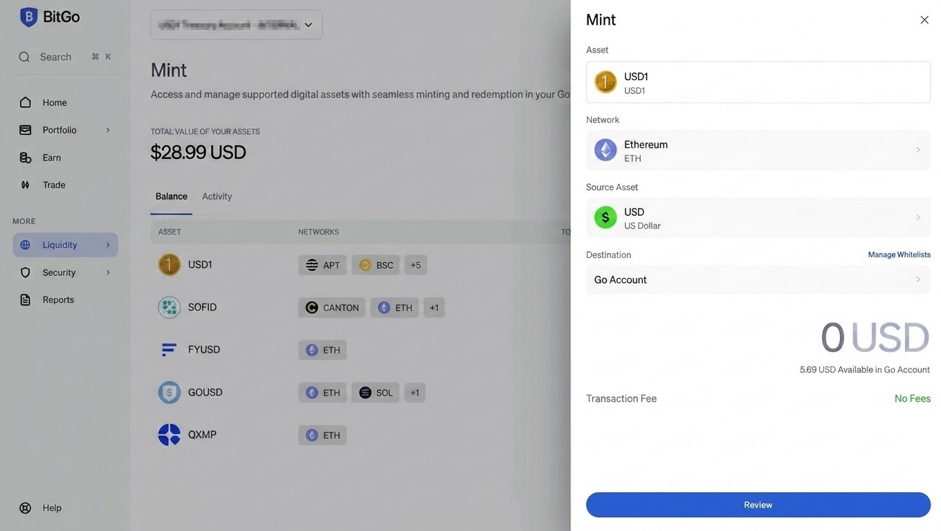 Selecting the asset, network, source asset, and destination.