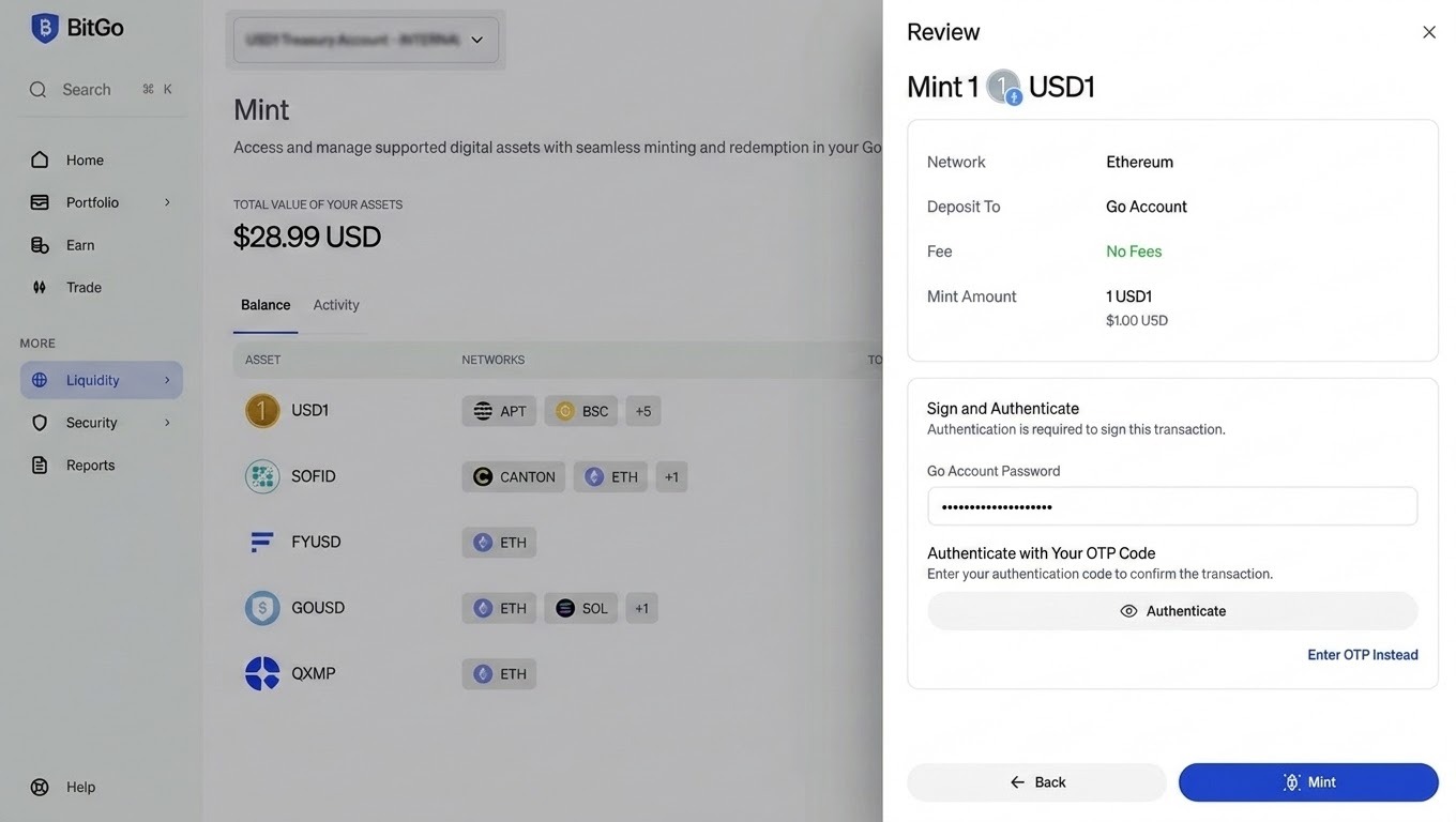 Reviewing and authenticating the mint order.