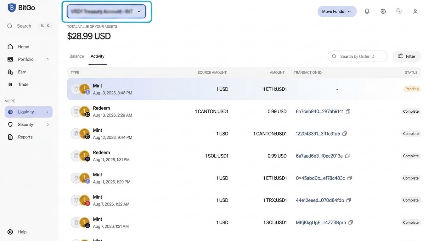 The Activity tab, listing all mint and redeem history.
