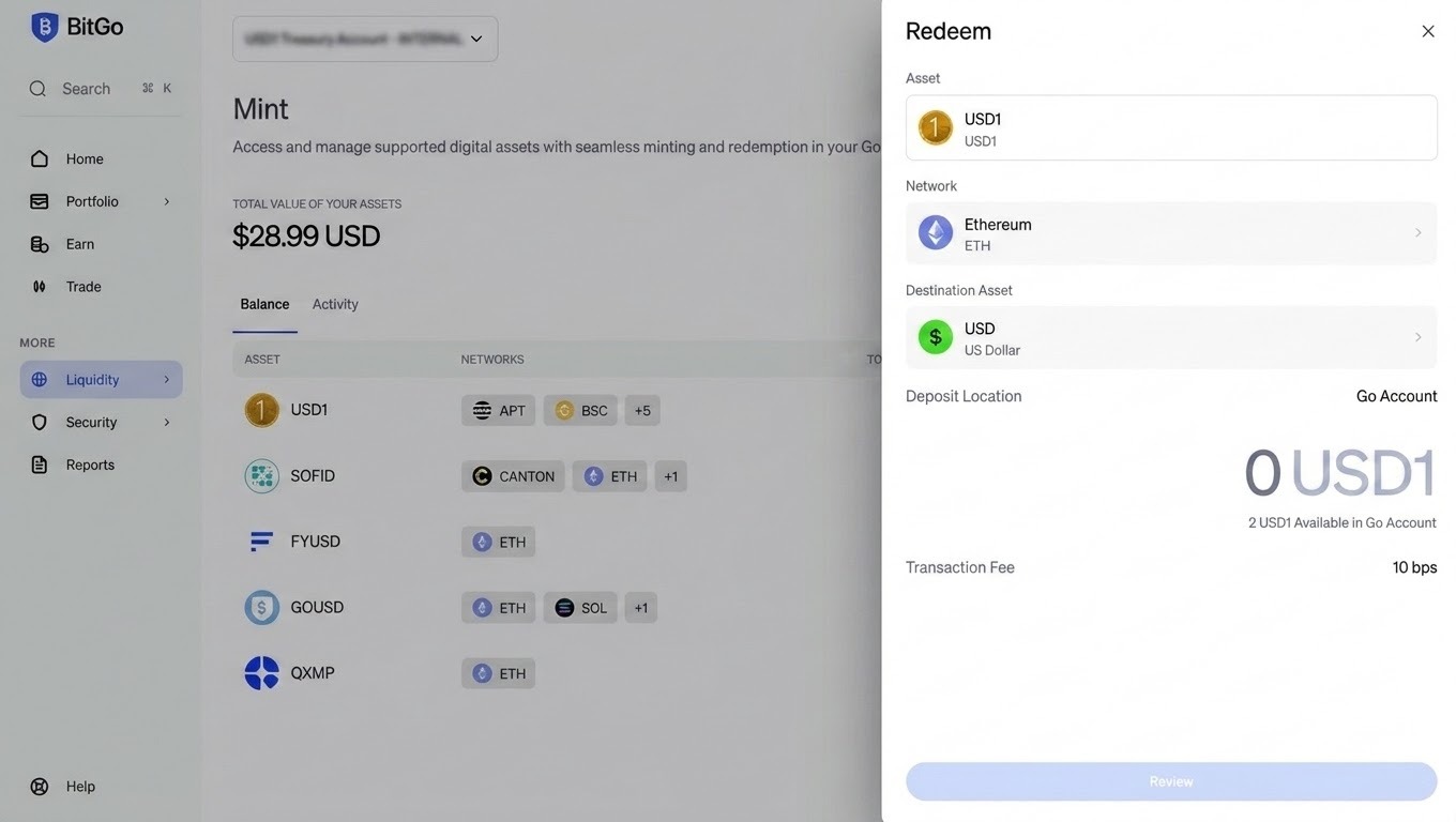 Redeeming USD1 back to USD: destination asset and transaction fee.