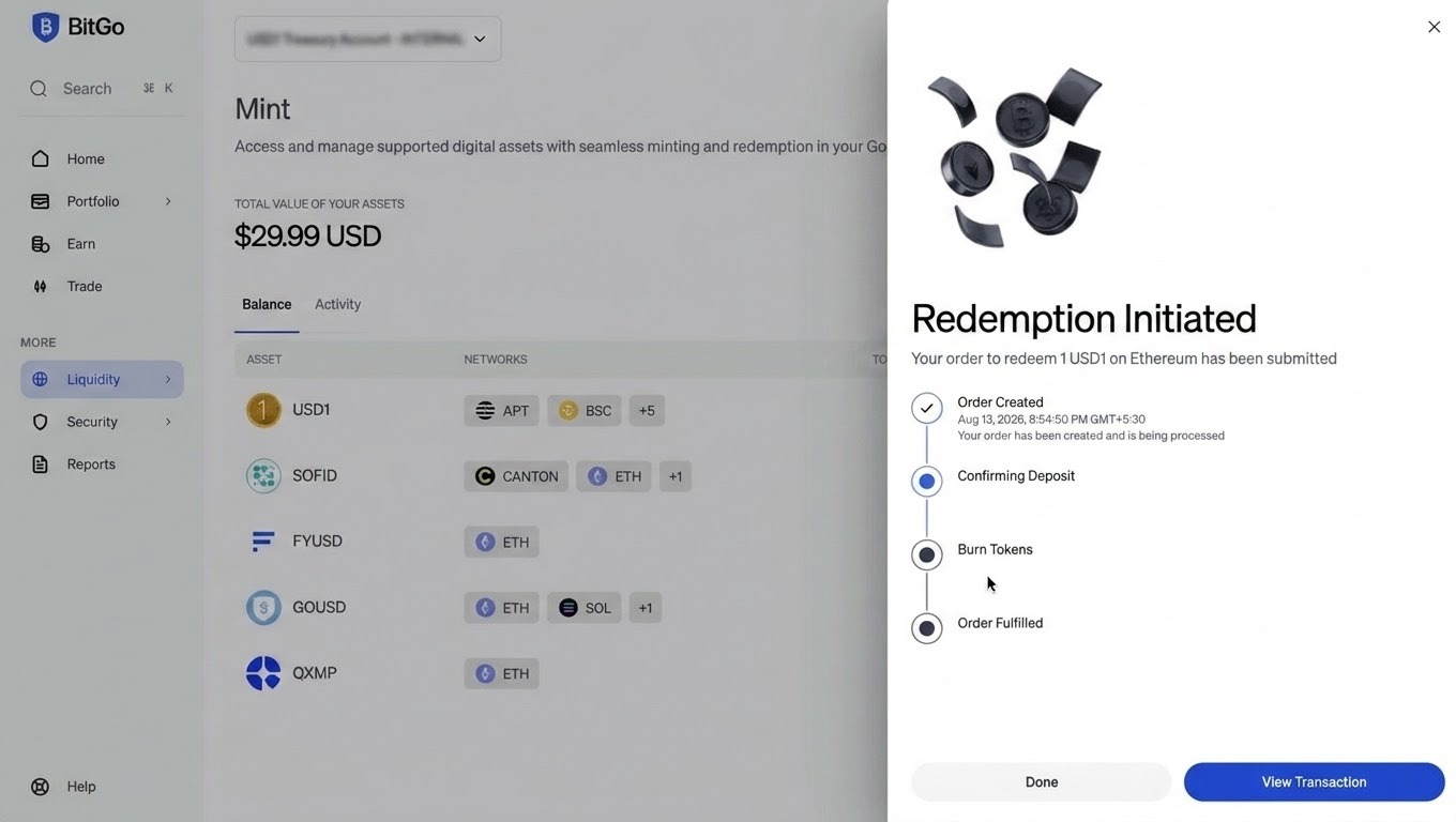 Redemption submitted, showing the four-stage progress.