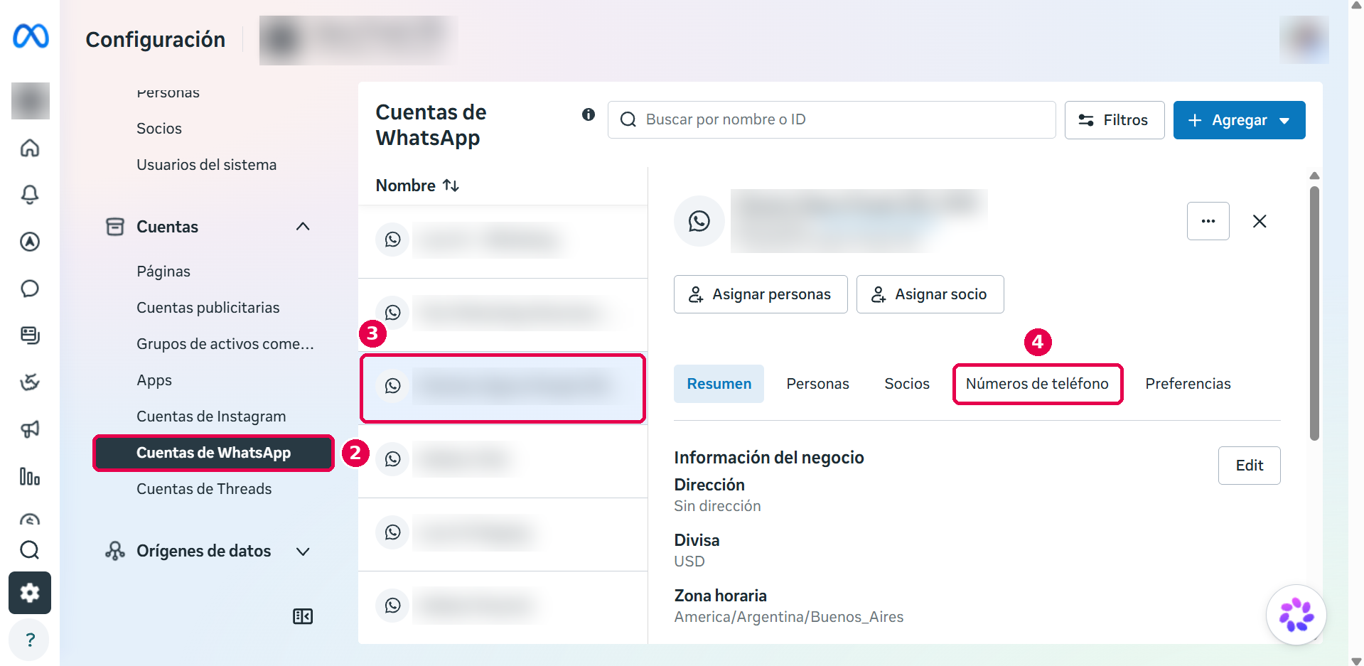 Cuentas de WhatsApp: seleccionar la cuenta y abrir la pestaña Números de teléfono