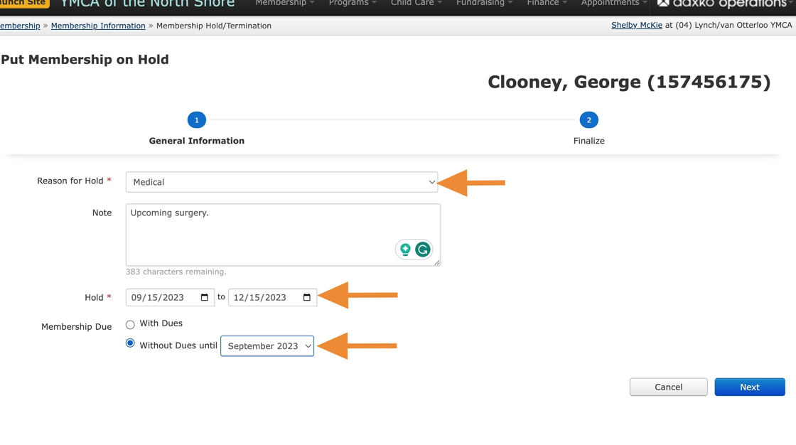 Screenshot of: Enter the reason for the hold, any notes, and the hold duration (should fall on the member's draft date). Click on the Without Dues until option and select the date that the membership should reactivate and begin generating fees again. Click 