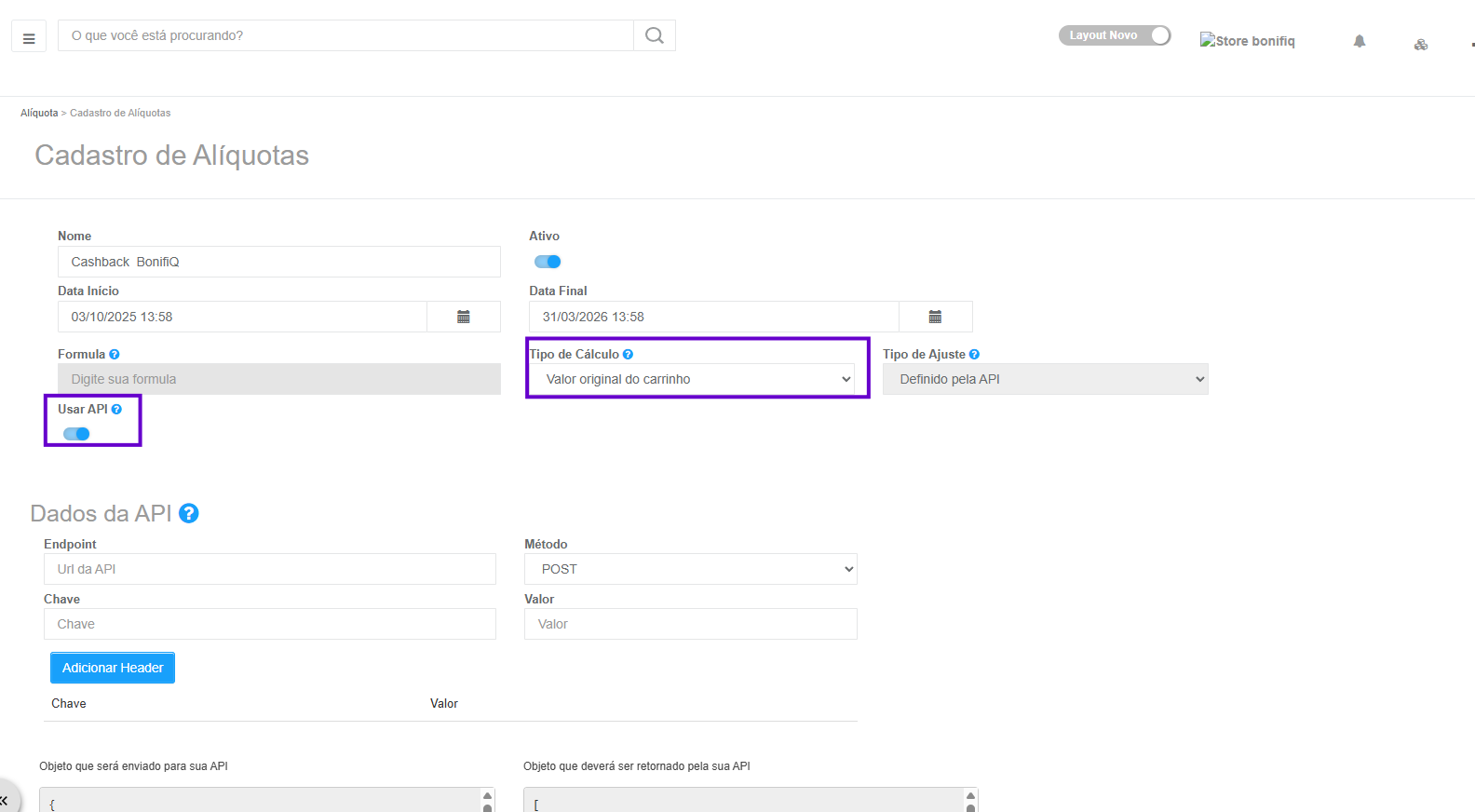Configurar Alíquota