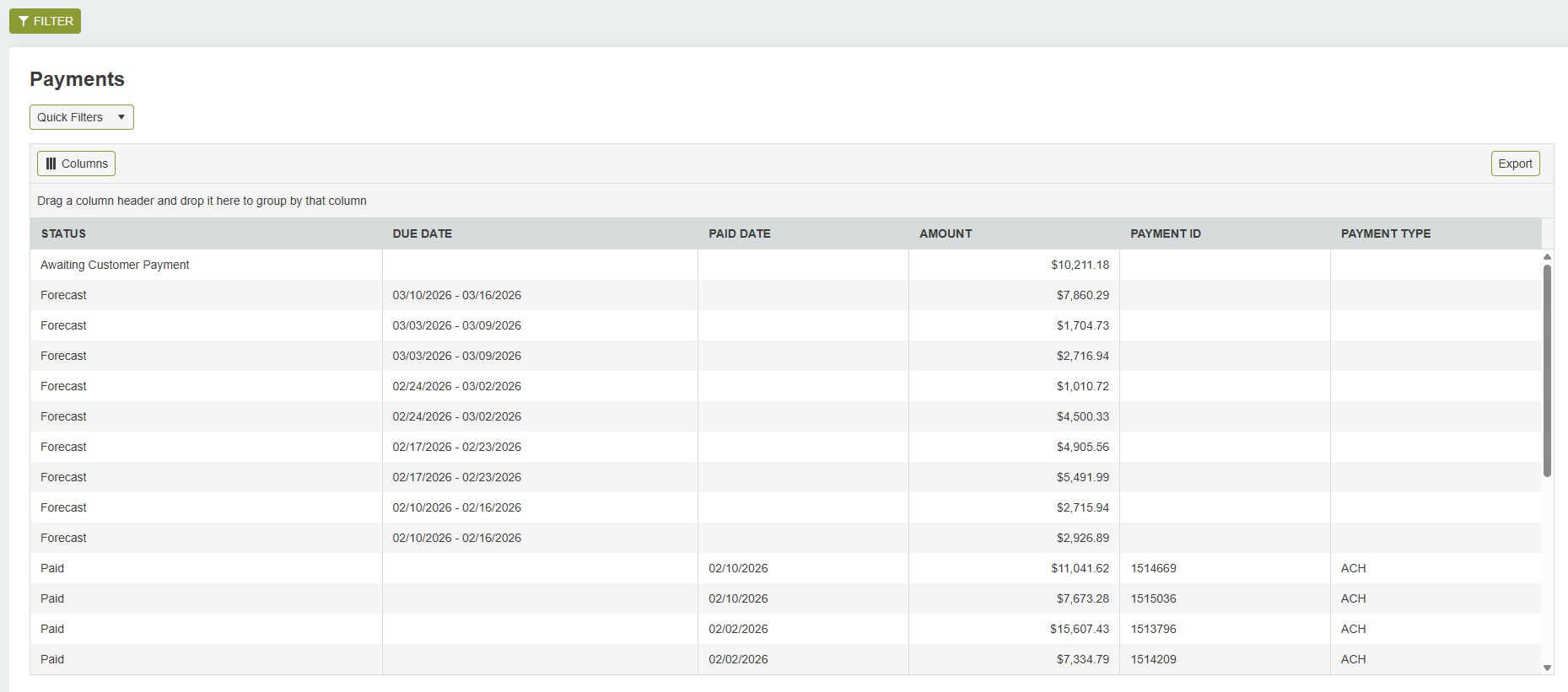 Payments list with filter