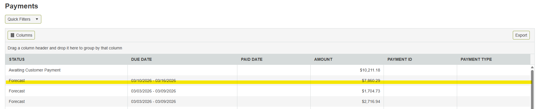 Payment detail row