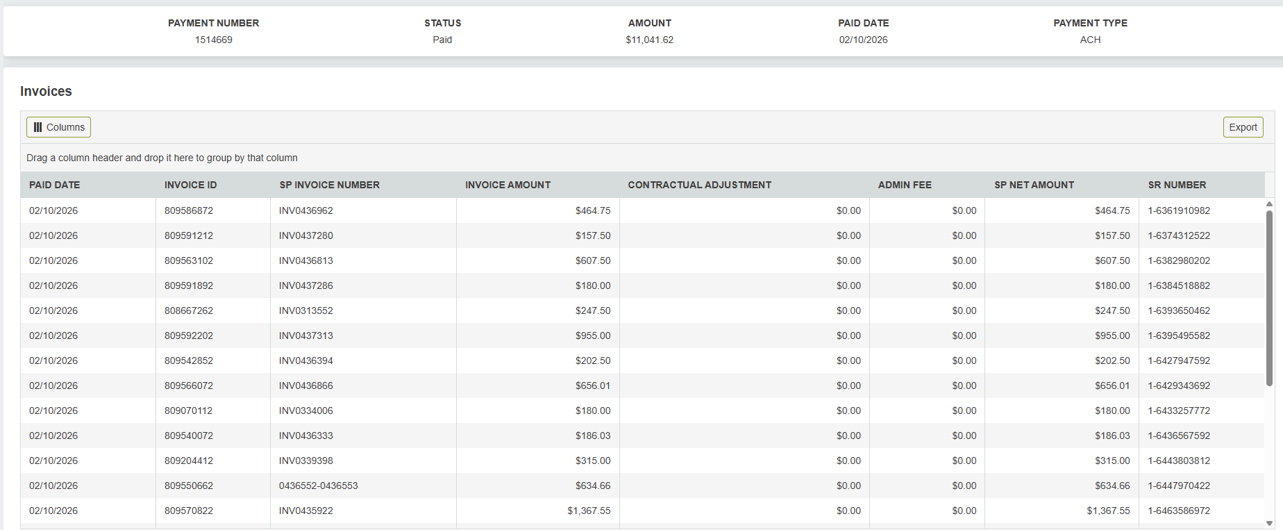 Past payment details with export