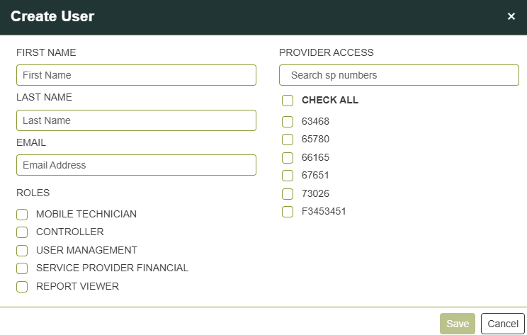 New user form with roles
