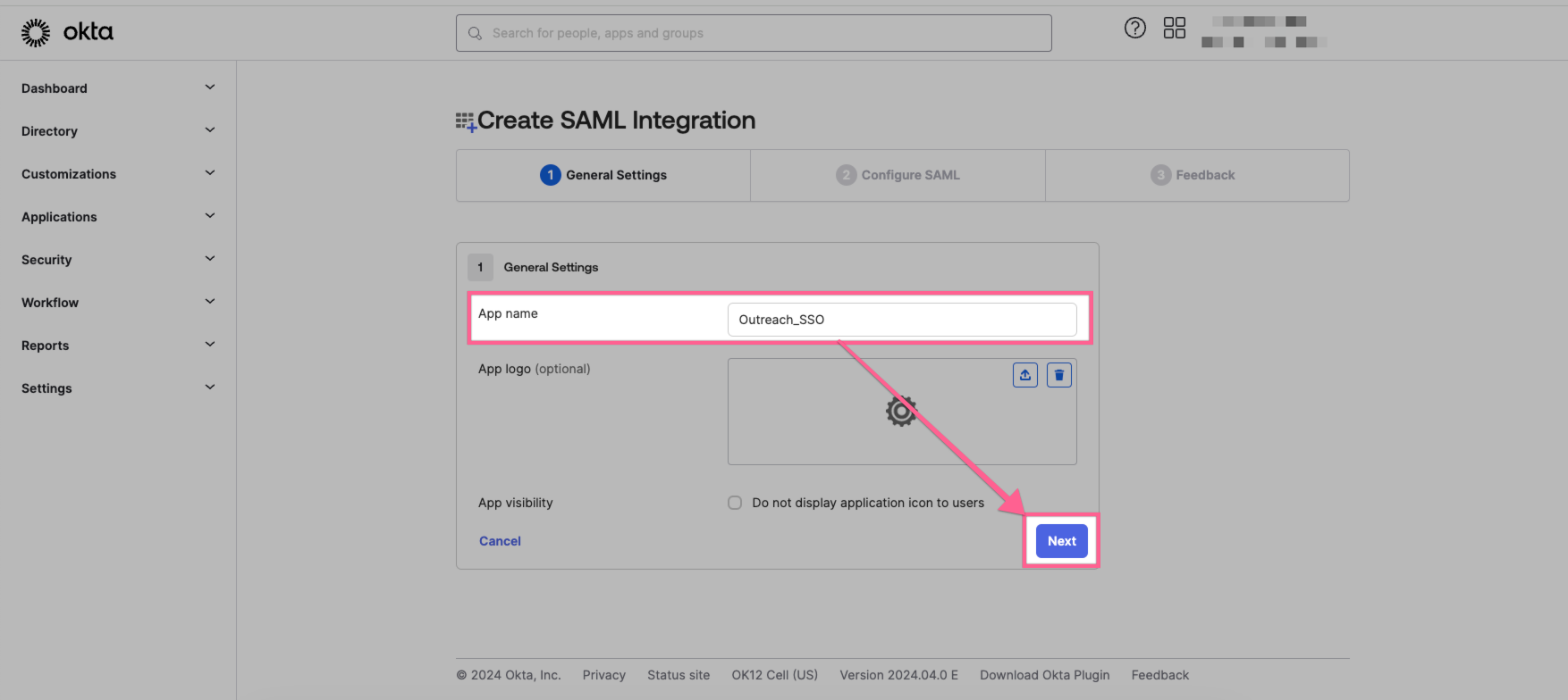 Okta, App name, next