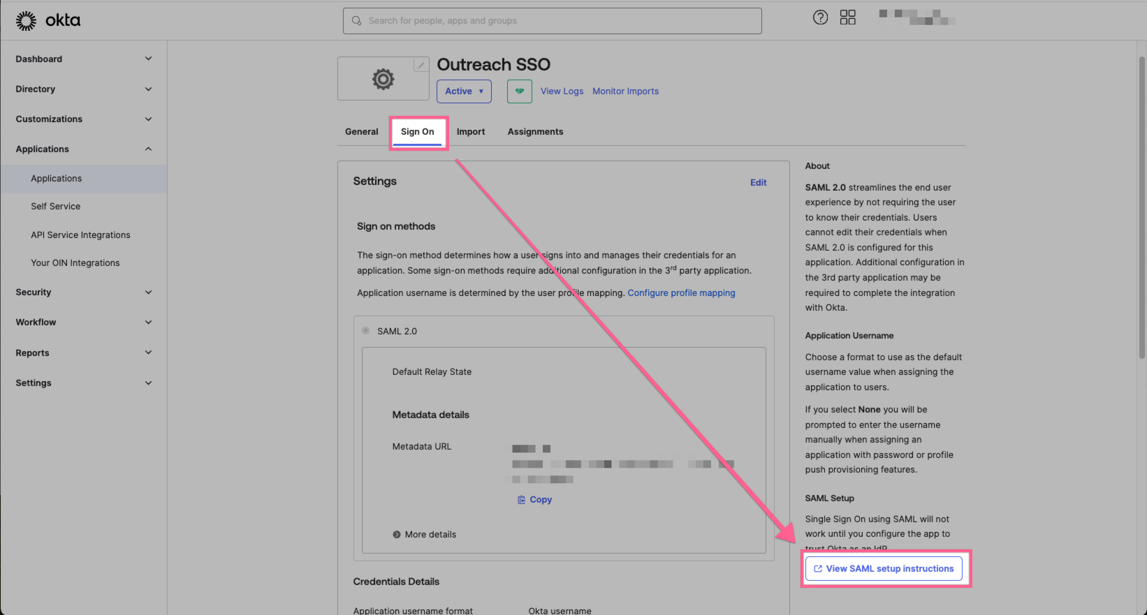 Okta, Sign On, View SAML setup instructions