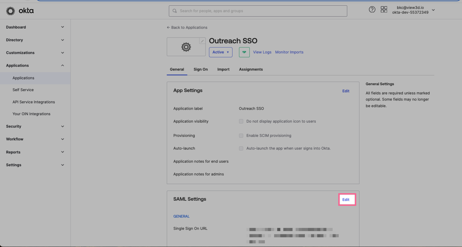 Applications, Select Application, General, Edit