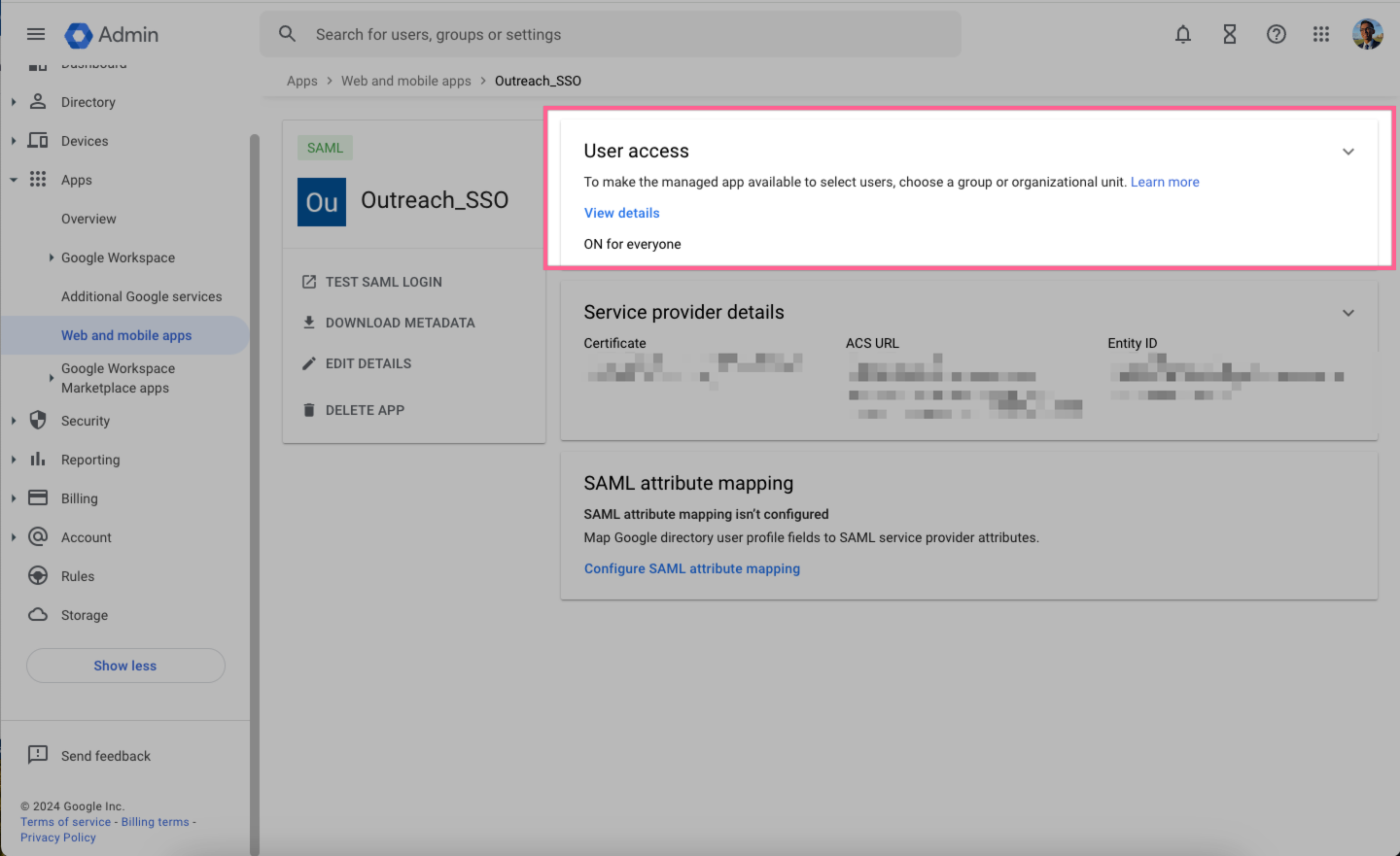 SAML app details - Admin console 2024-04-30 at 7.53.57 PM