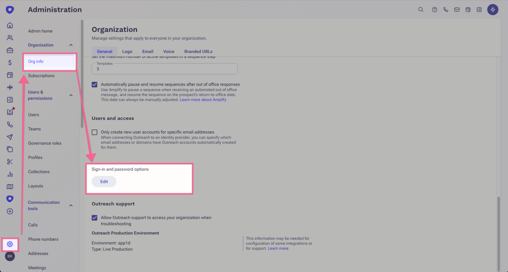 Outreach, Admin Settings, Sign-in and password options