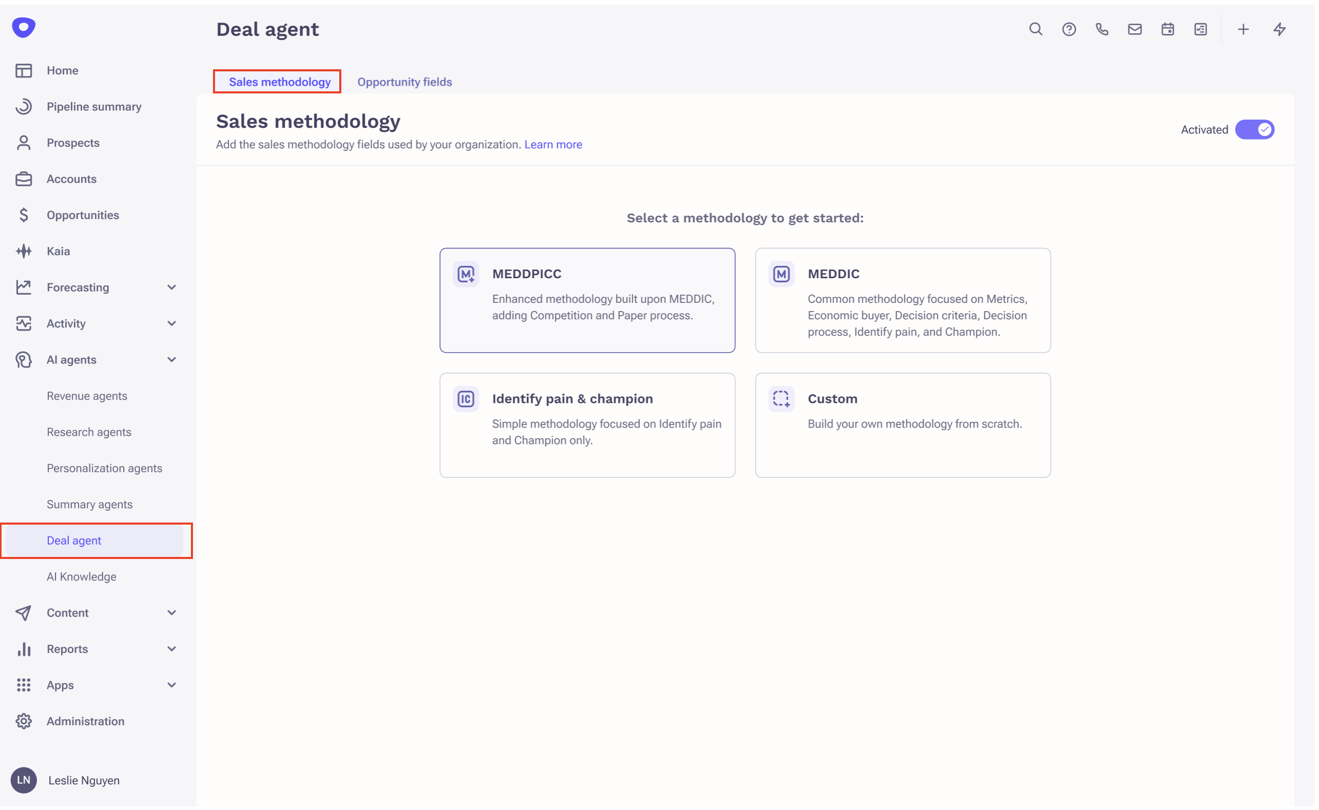 Sales methodology selection screen