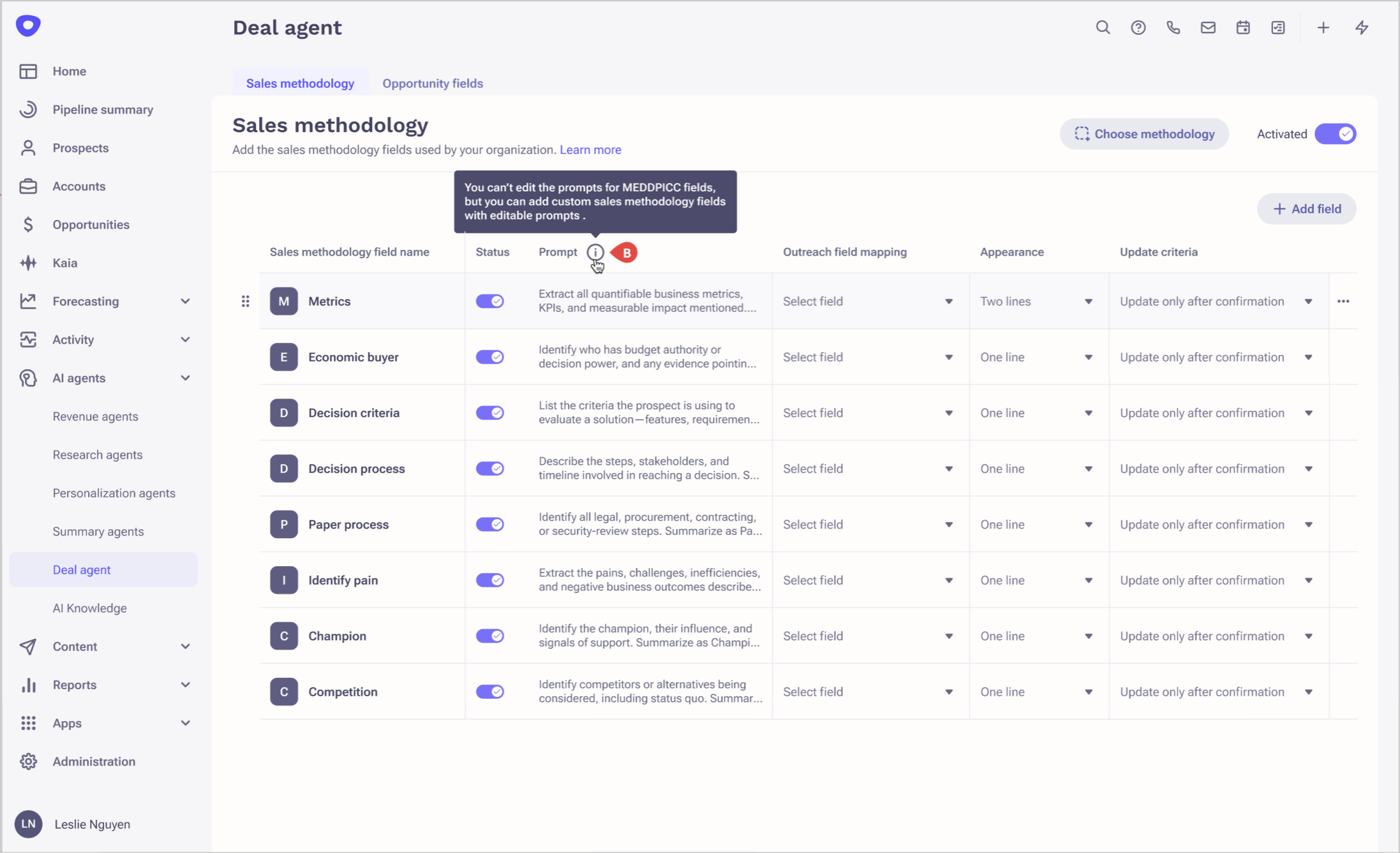 MEDDPICC pre-defined fields and prompts