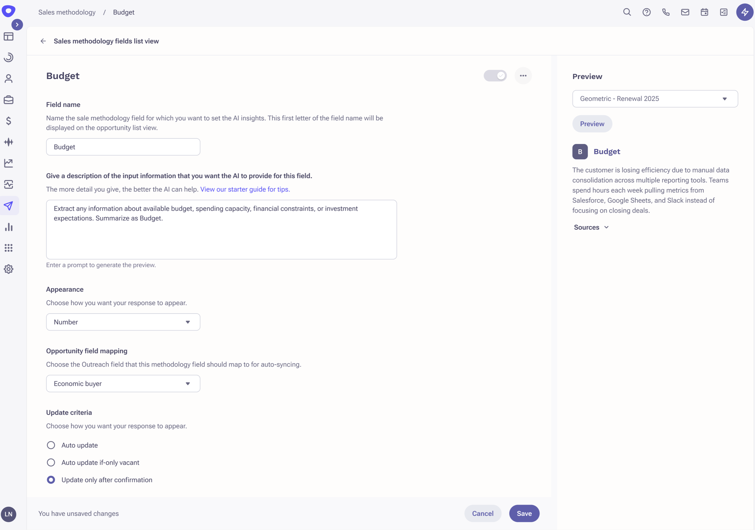 Custom field configuration options