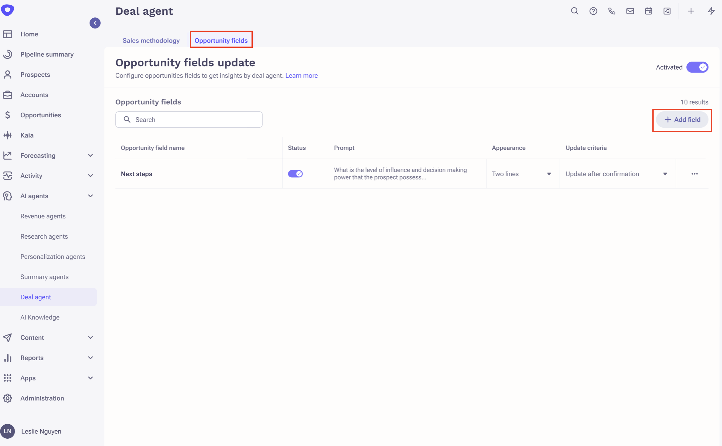 Opportunity fields configuration screen
