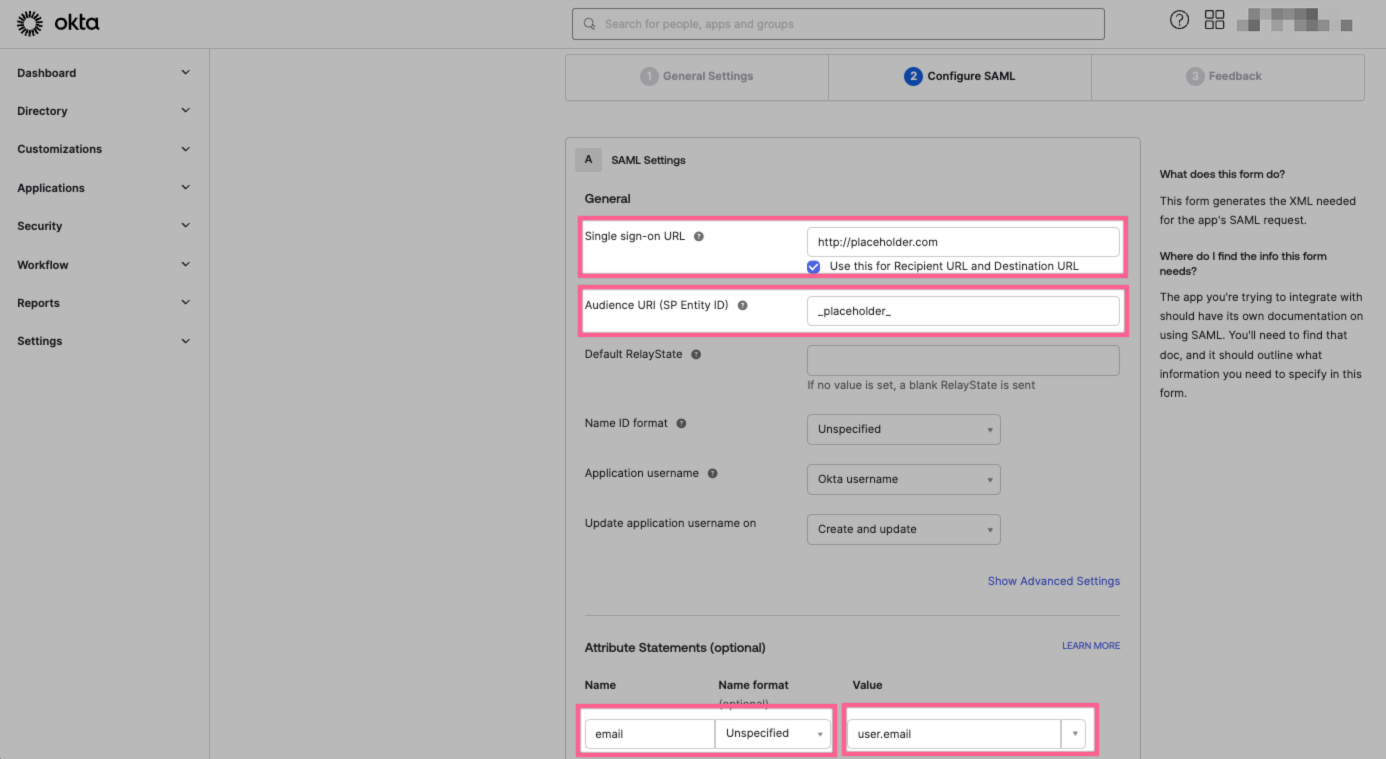 Okta, Configure SAML