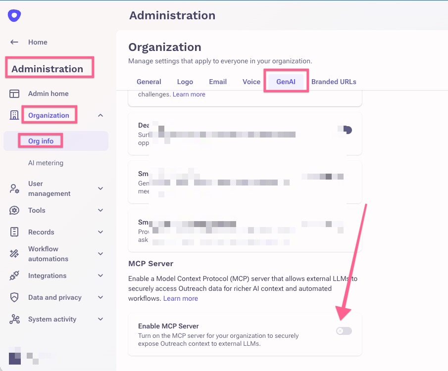 MCP Server toggle in Gen AI settings