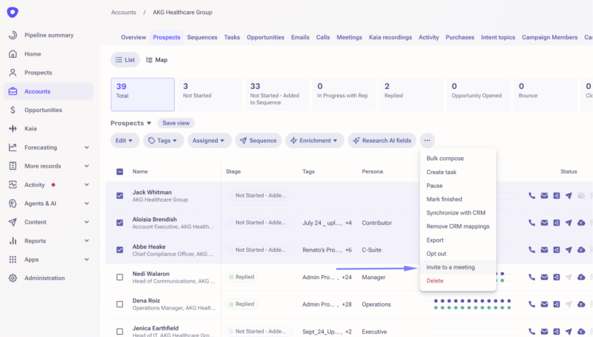 Multi-select prospect meeting invite