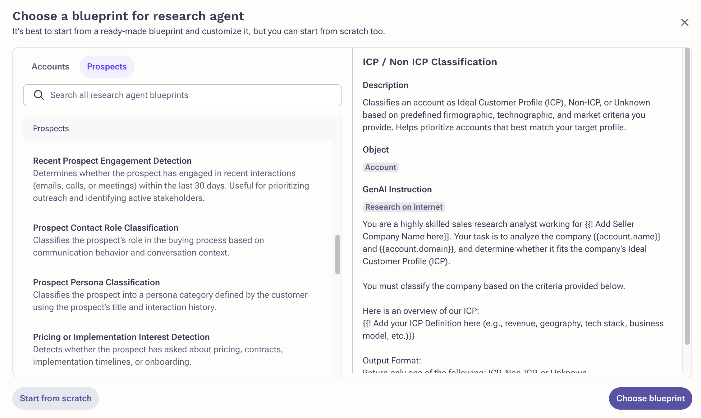 Research Agent blueprint selection