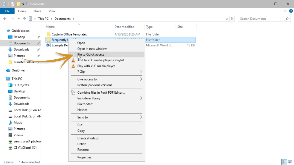Right-click menu showing Pin to Quick Access option