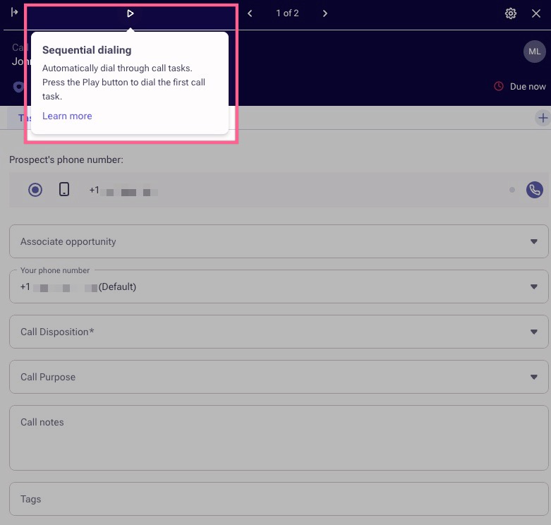 Sequential dialing play/stop button in task flow