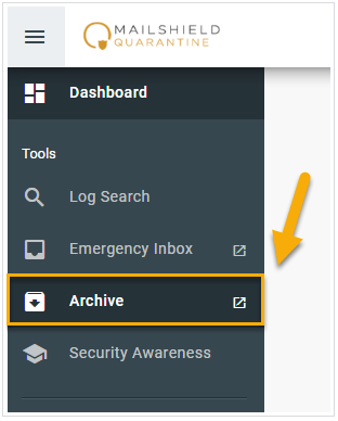 Archive option on the MailShield left navigation menu