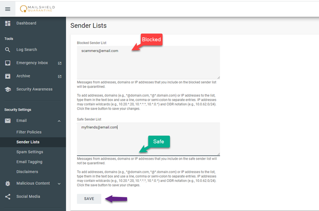 Blocked and Safe Sender Lists view in MailShield Quarantine