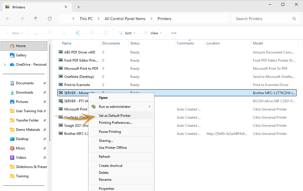 Right-click menu showing Set as Default Printer option