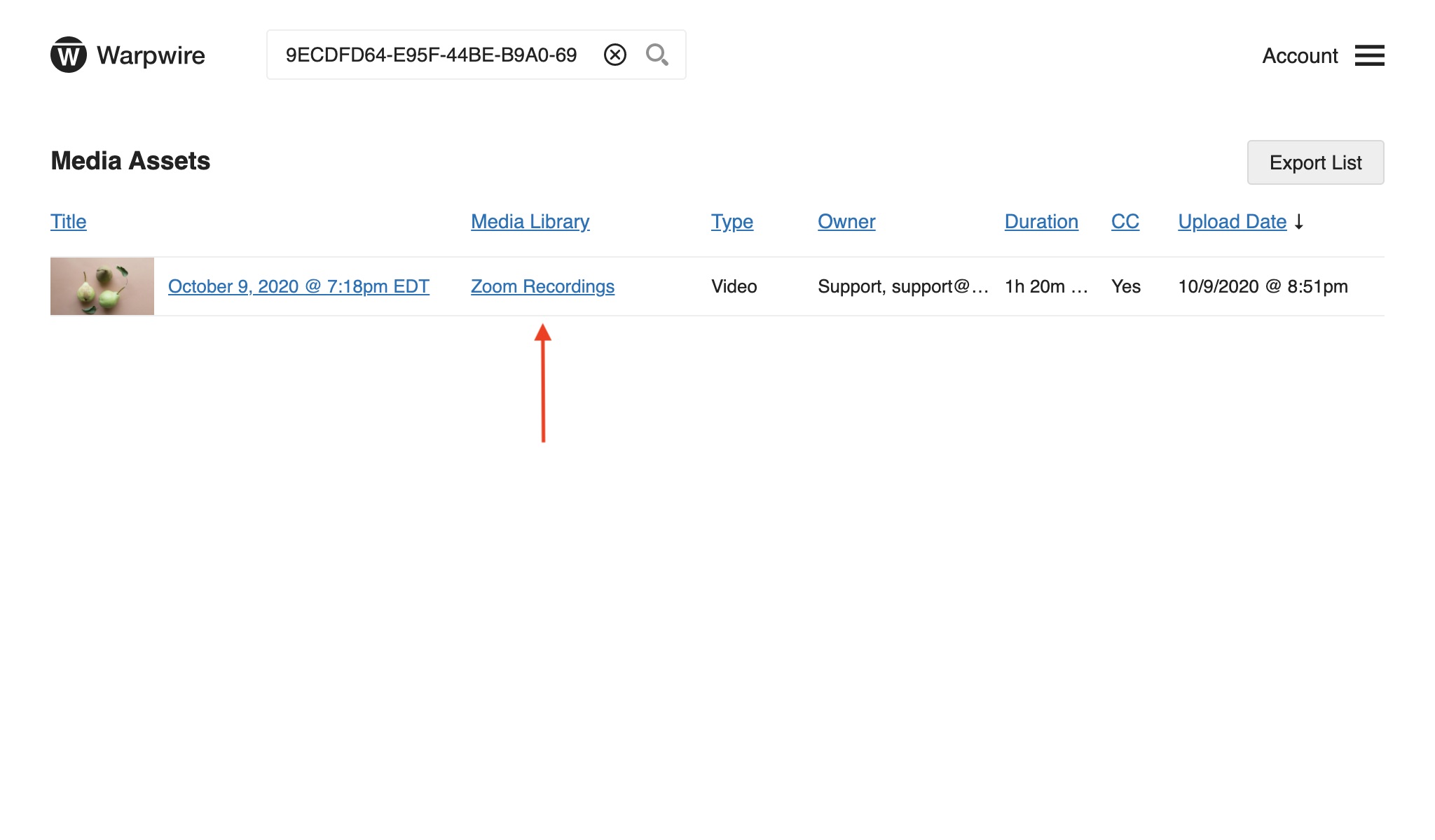 Zoom event listed as an asset within the Warpwire Media Library